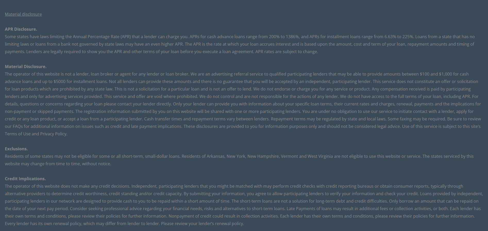 Material disclosure for payday loans in Cape Coral Florida